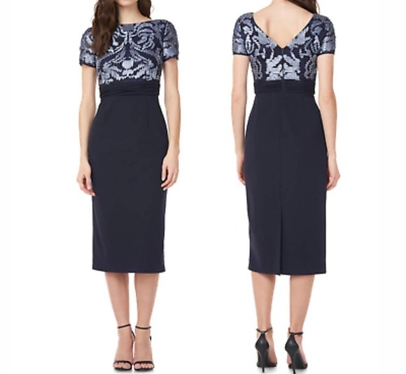JS Collections Mixed Media Soutache Midi Dress in Navy size 6 NEW - Picture 1 of 7